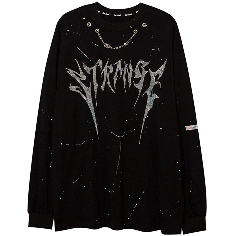 Fashion Men's O-Neck Sweatshirt with Chain / Punk Style Diamond Letter Inkjet Printed Pullover