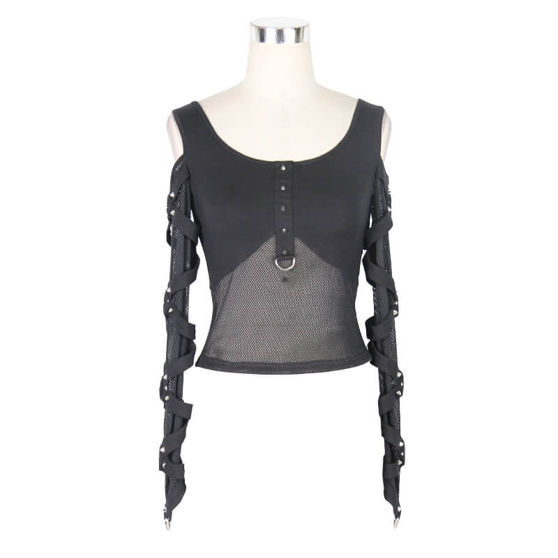 Fashion Mesh Sexy Transparent Long Sleeve Top / Gothic Women's Black Fit Slim Tops with Spikes