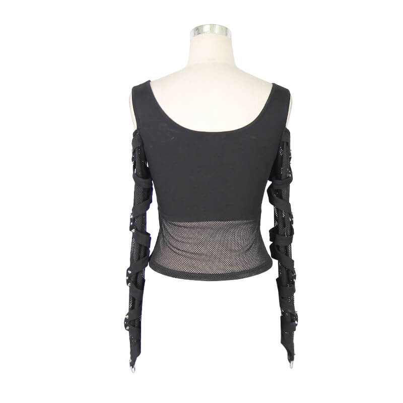Fashion Mesh Sexy Transparent Long Sleeve Top / Gothic Women's Black Fit Slim Tops with Spikes