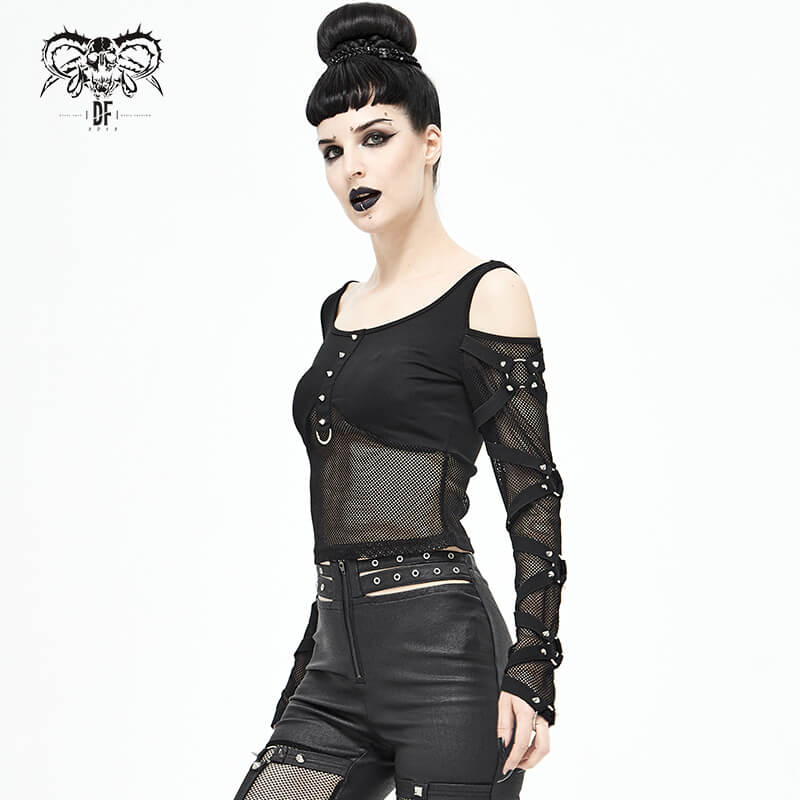 Fashion Mesh Sexy Transparent Long Sleeve Top / Gothic Women's Black Fit Slim Tops with Spikes