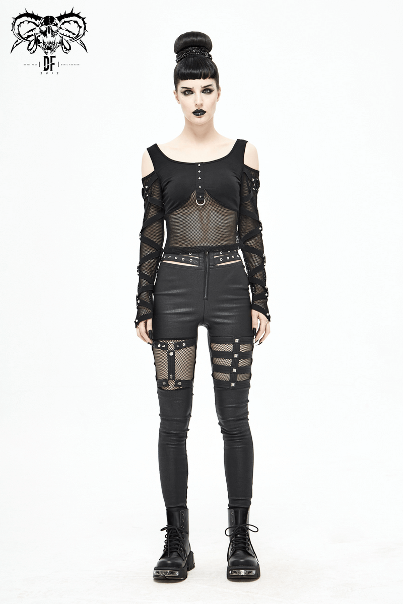 Fashion Mesh Sexy Transparent Long Sleeve Top / Gothic Women's Black Fit Slim Tops with Spikes
