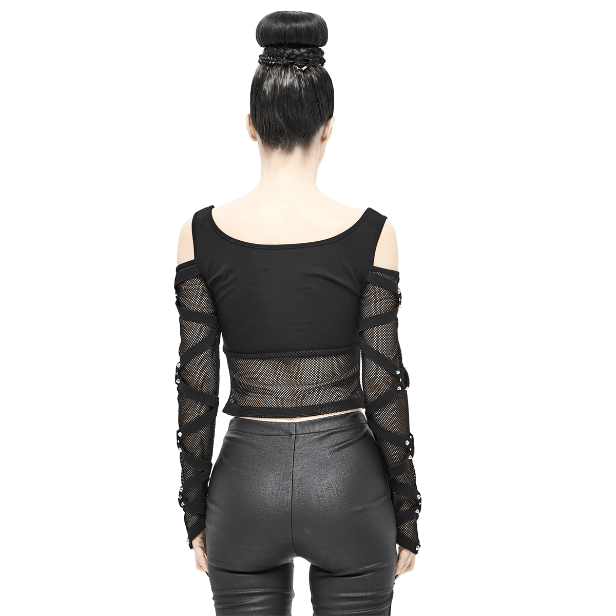 Fashion Mesh Sexy Transparent Long Sleeve Top / Gothic Women's Black Fit Slim Tops with Spikes