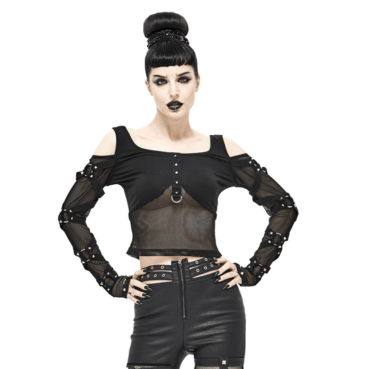 Fashion Mesh Sexy Transparent Long Sleeve Top / Gothic Women's Black Fit Slim Tops with Spikes