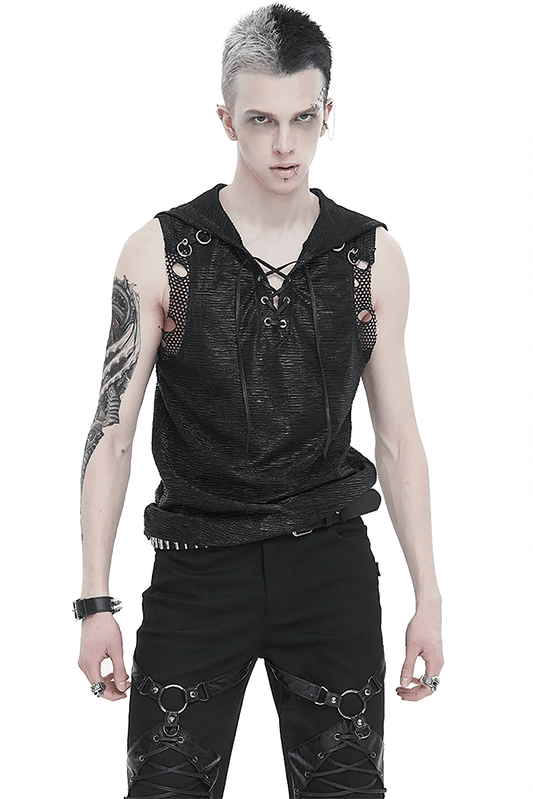 Fashion Punk Hooded Tank Top for Men / Gothic V-neck Collar Tank with Lace-up and Mesh