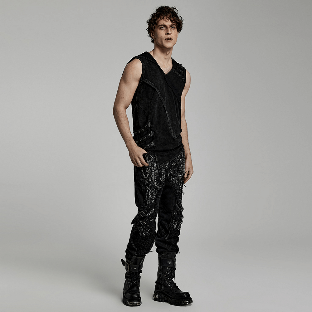 Fashion Punk Rave Men's Elio Distressed Hooded Vest