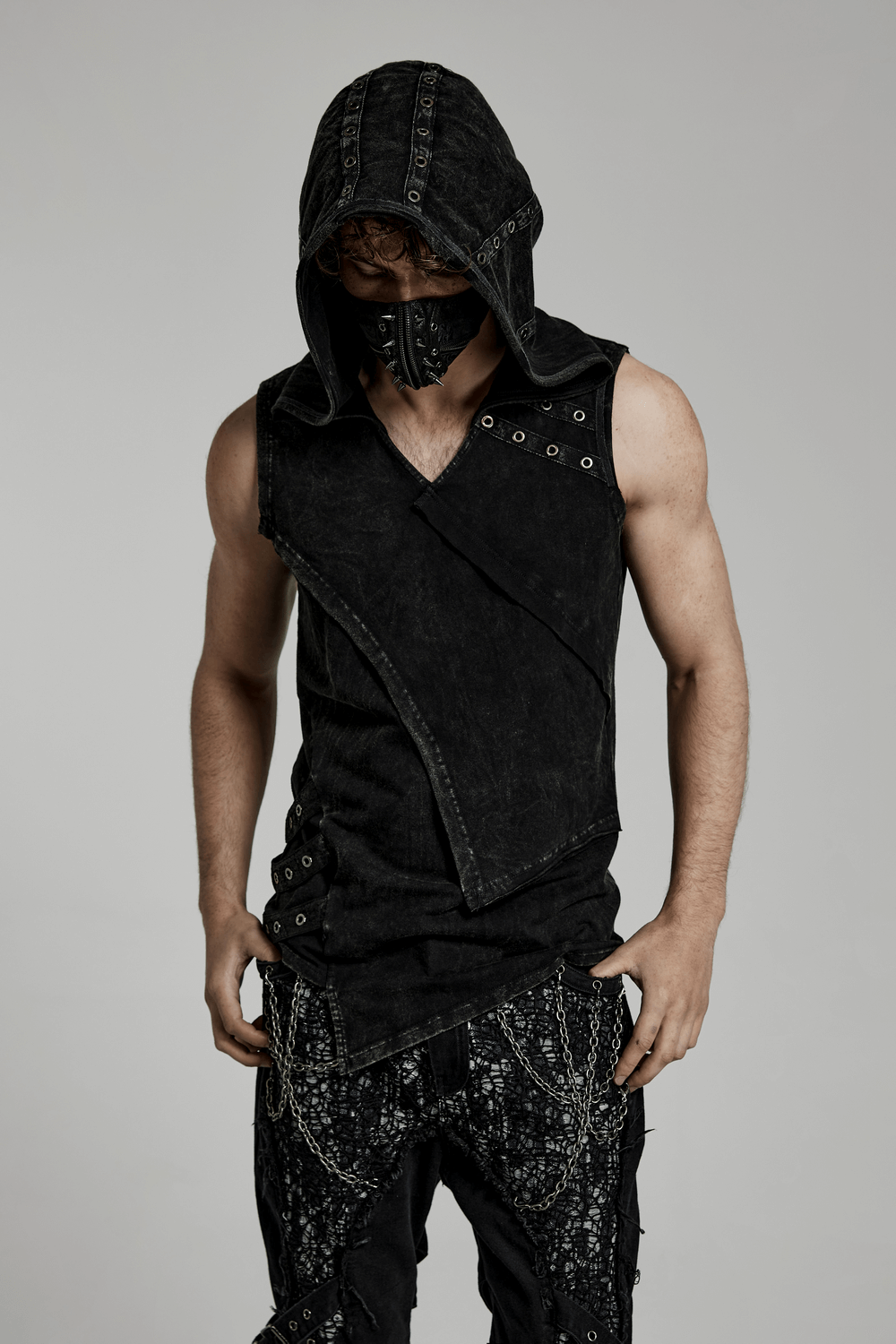 Fashion Punk Rave Men's Elio Distressed Hooded Vest
