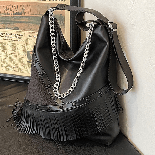 Fashion Punk Tassel Single-Shoulder Bag with Chain for Women