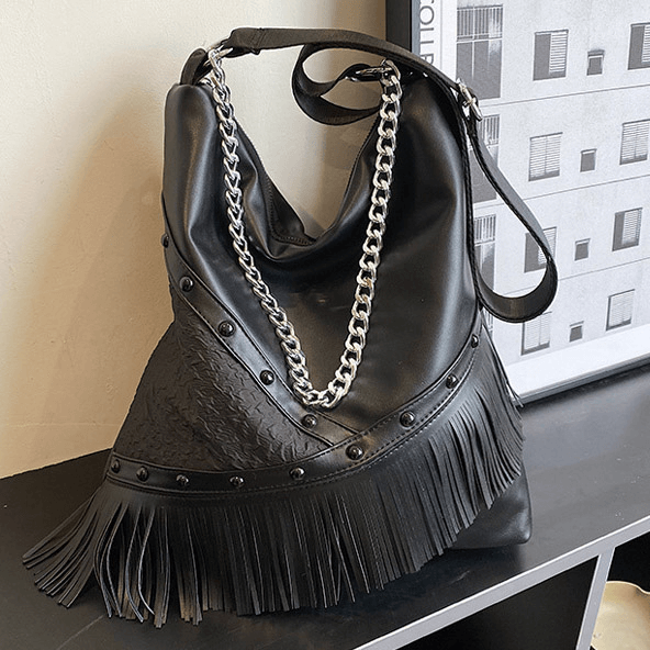 Fashion Punk Tassel Single-Shoulder Bag with Chain for Women