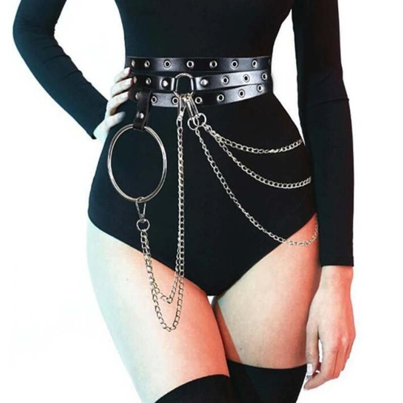 Fashion Rock Small Belt with Chains / Women's Black Body Bandage / Cool Waist Chain