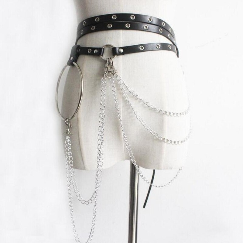 Fashion Rock Small Belt with Chains / Women's Black Body Bandage / Cool Waist Chain