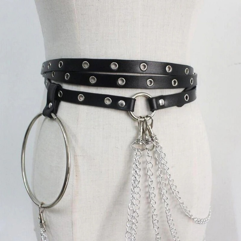 Fashion Rock Small Belt with Chains / Women's Black Body Bandage / Cool Waist Chain