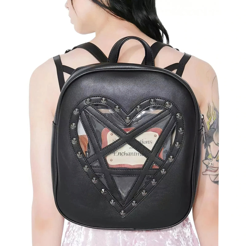 Fashion Women's Black Bags In Gothic Style / Transparent Backpack Bags With Heart Design
