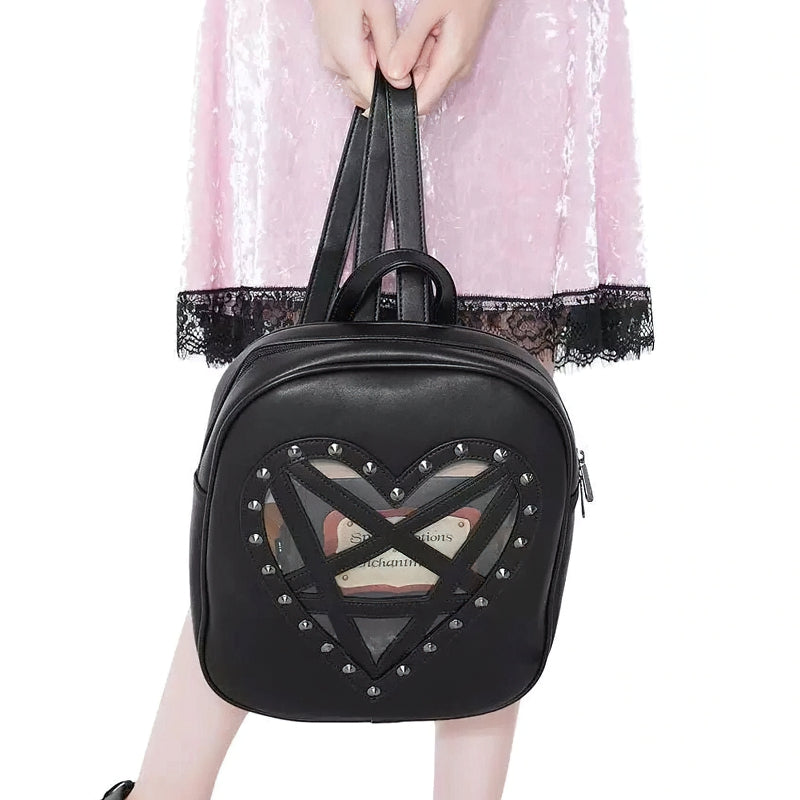 Fashion Women's Black Bags In Gothic Style / Transparent Backpack Bags With Heart Design