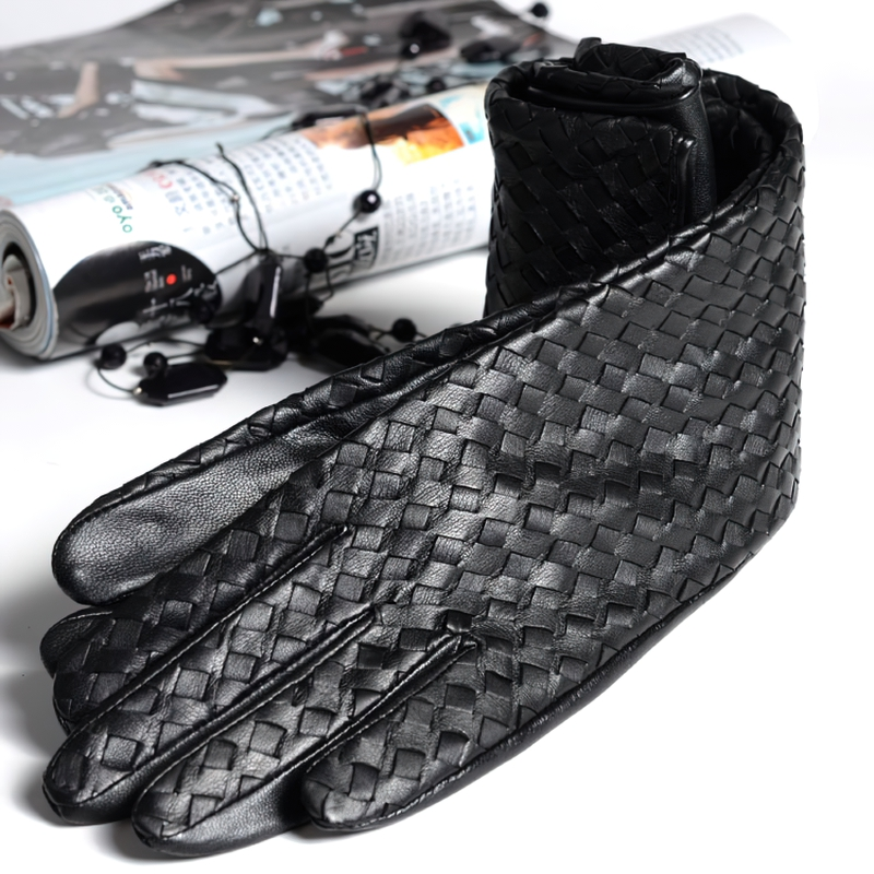 Fashion Women's Black Leather Gloves / Long Gloves Hand Woven with Sheepskin