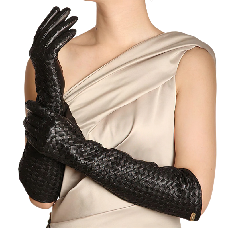 Fashion Women's Black Leather Gloves / Long Gloves Hand Woven with Sheepskin