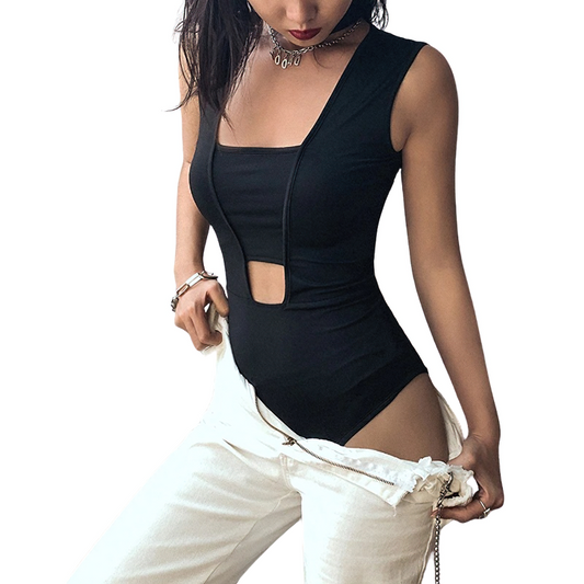 Fashion Women's Black Sleeveless Jumpsuit / Sexy Round Neck Slim Fit Rompers