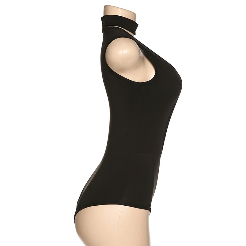 Fashion Women's Black Sleeveless Jumpsuit / Sexy Round Neck Slim Fit Rompers