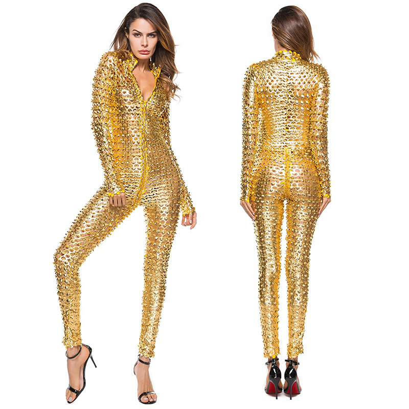 Fashion Women's Faux Leather Jumpsuit / Sexy Latex Bodysuit with Zipper Open Crotch