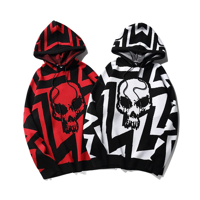 Fashion Women's Knitting Hoody with Skull Print / Vintage Oversize Sweatshirt