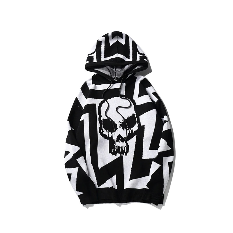 Fashion Women's Knitting Hoody with Skull Print / Vintage Oversize Sweatshirt