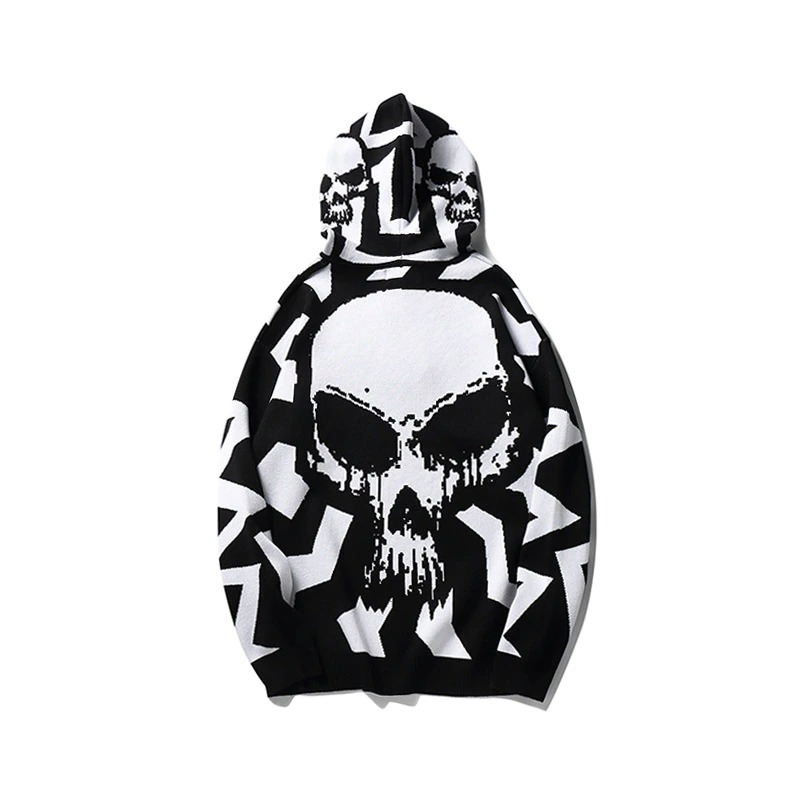 Fashion Women's Knitting Hoody with Skull Print / Vintage Oversize Sweatshirt