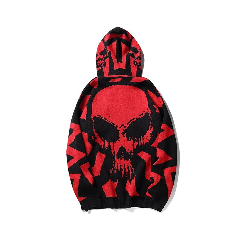 Fashion Women's Knitting Hoody with Skull Print / Vintage Oversize Sweatshirt