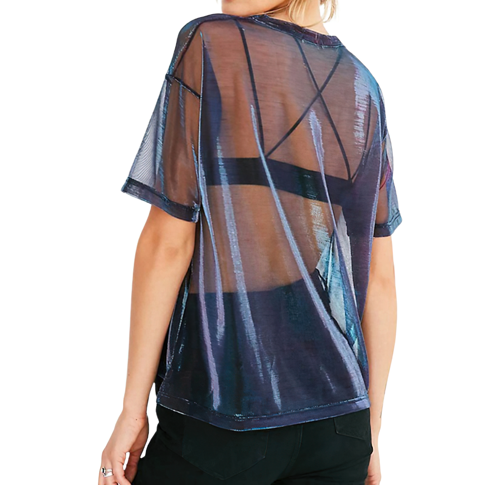 Fashion Women's Transparent Short Sleeve T-shirt / Ladies Black Round Neck T-shirts