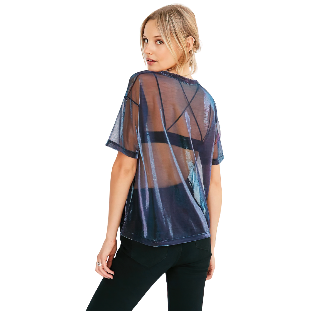 Fashion Women's Transparent Short Sleeve T-shirt / Ladies Black Round Neck T-shirts
