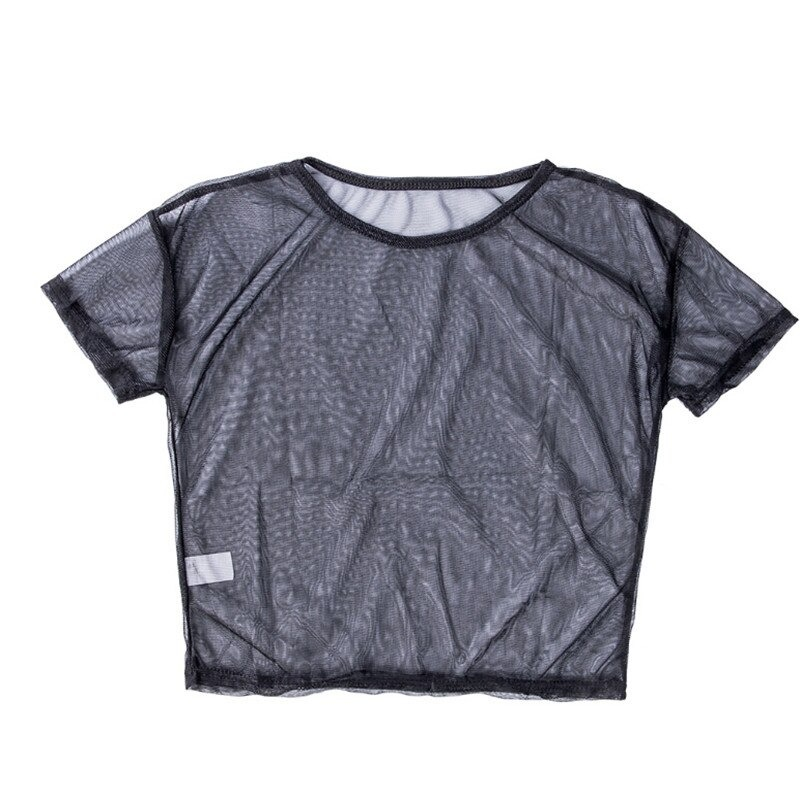 Fashion Women's Transparent Short Sleeve T-shirt / Ladies Black Round Neck T-shirts