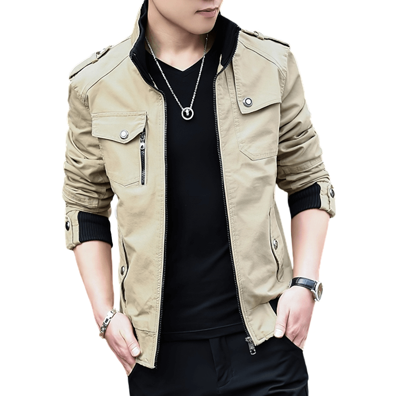 Fashion Zipper Male Military Jackets / Casual Stand Collar Men's Jacket with Pockets
