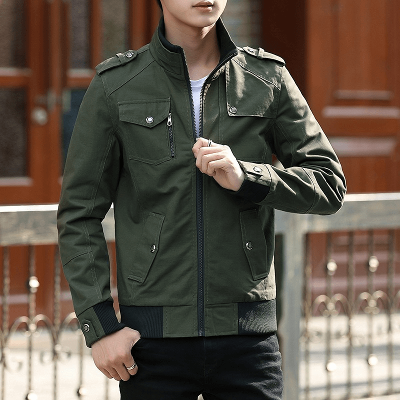 Fashion Zipper Male Military Jackets / Casual Stand Collar Men's Jacket with Pockets