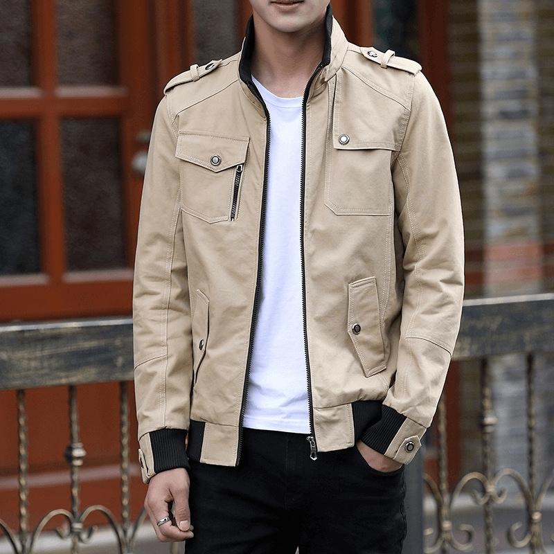 Fashion Zipper Male Military Jackets / Casual Stand Collar Men's Jacket with Pockets