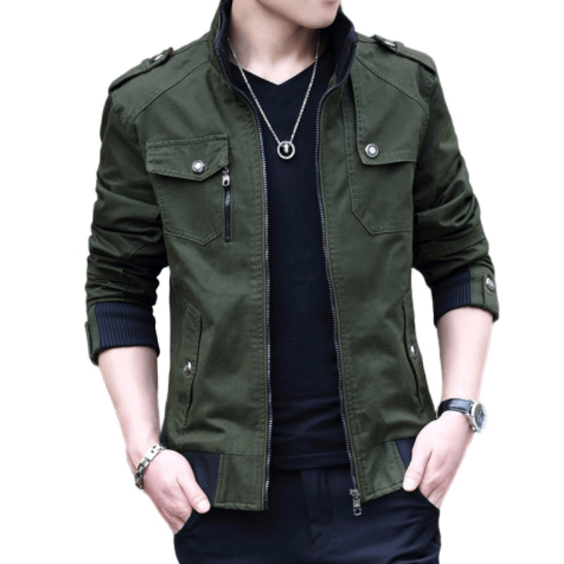 Fashion Zipper Male Military Jackets / Casual Stand Collar Men's Jacket with Pockets
