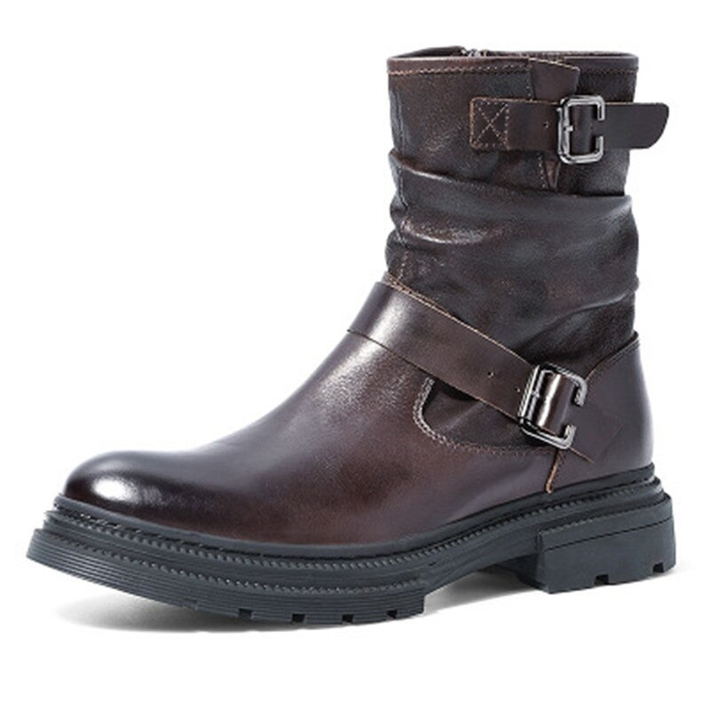 Fashion Men's Buckle Mid-calf Boots with  Belt / Motorcycle Genuine Leather Zip Boots