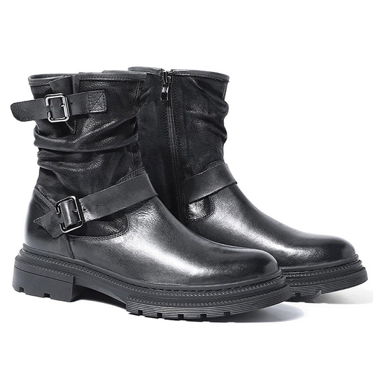 Fashion Men's Buckle Mid-calf Boots with  Belt / Motorcycle Genuine Leather Zip Boots