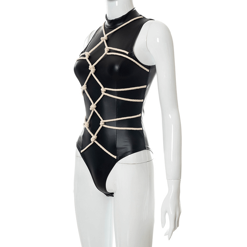 Faux Leather Grunge Bodysuits With Cross Rope / Gothic Punk Black Clothes