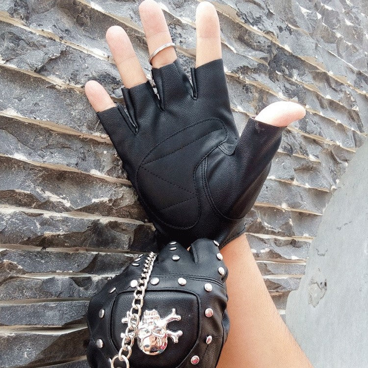 Faux Leather Half-finger Gloves With Metal Skull Head & Rivets / Rock Style Gloves for Punk & goth