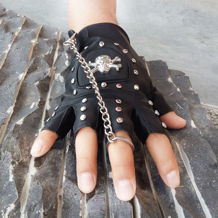 Faux Leather Half-finger Gloves With Metal Skull Head & Rivets / Rock Style Gloves for Punk & goth