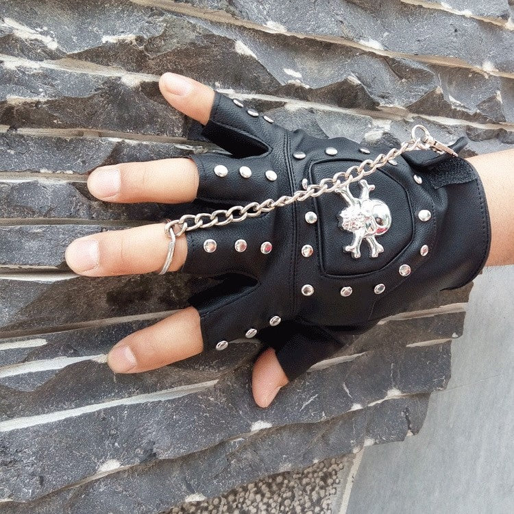 Faux Leather Half-finger Gloves With Metal Skull Head & Rivets / Rock Style Gloves for Punk & goth