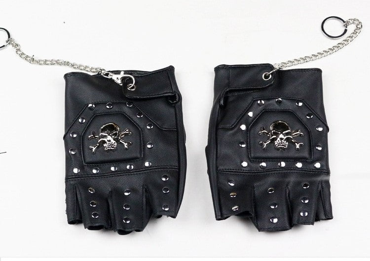 Faux Leather Half-finger Gloves With Metal Skull Head & Rivets / Rock Style Gloves for Punk & goth