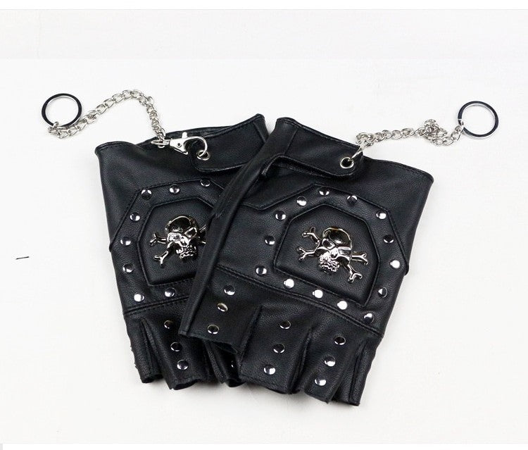 Faux Leather Half-finger Gloves With Metal Skull Head & Rivets / Rock Style Gloves for Punk & goth