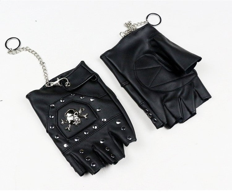 Faux Leather Half-finger Gloves With Metal Skull Head & Rivets / Rock Style Gloves for Punk & goth