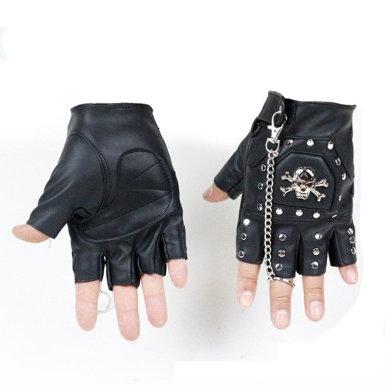 Faux Leather Half-finger Gloves With Metal Skull Head & Rivets / Rock Style Gloves for Punk & goth