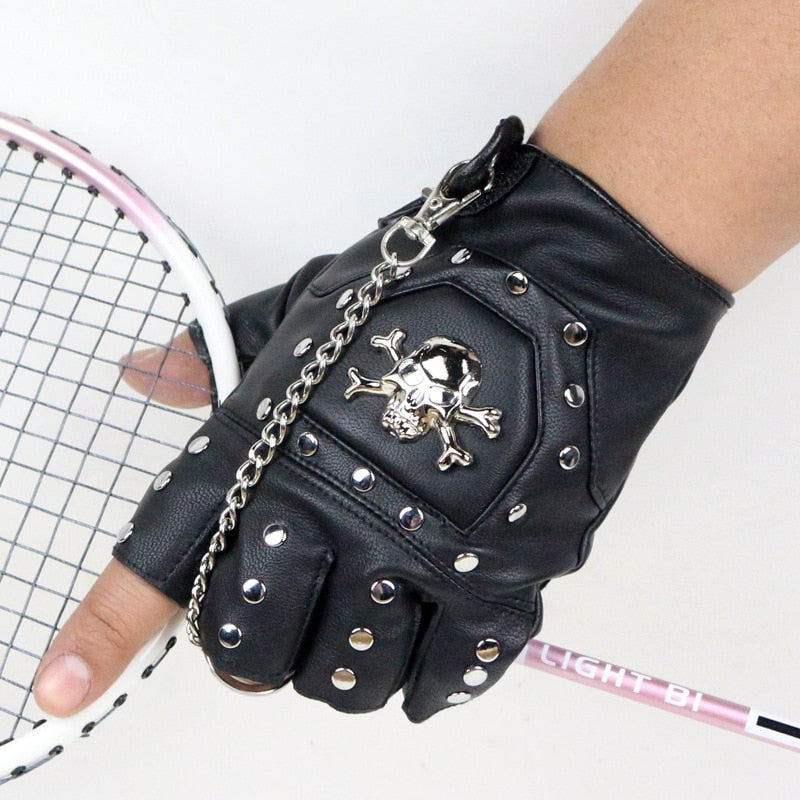 Faux Leather Half-finger Gloves With Metal Skull Head & Rivets / Rock Style Gloves for Punk & goth