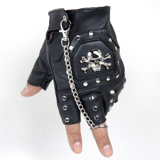 Faux Leather Half-finger Gloves With Metal Skull Head & Rivets / Rock Style Gloves for Punk & goth