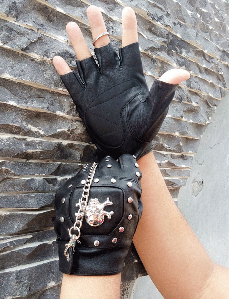 Faux Leather Half-finger Gloves With Metal Skull Head & Rivets / Rock Style Gloves for Punk & goth