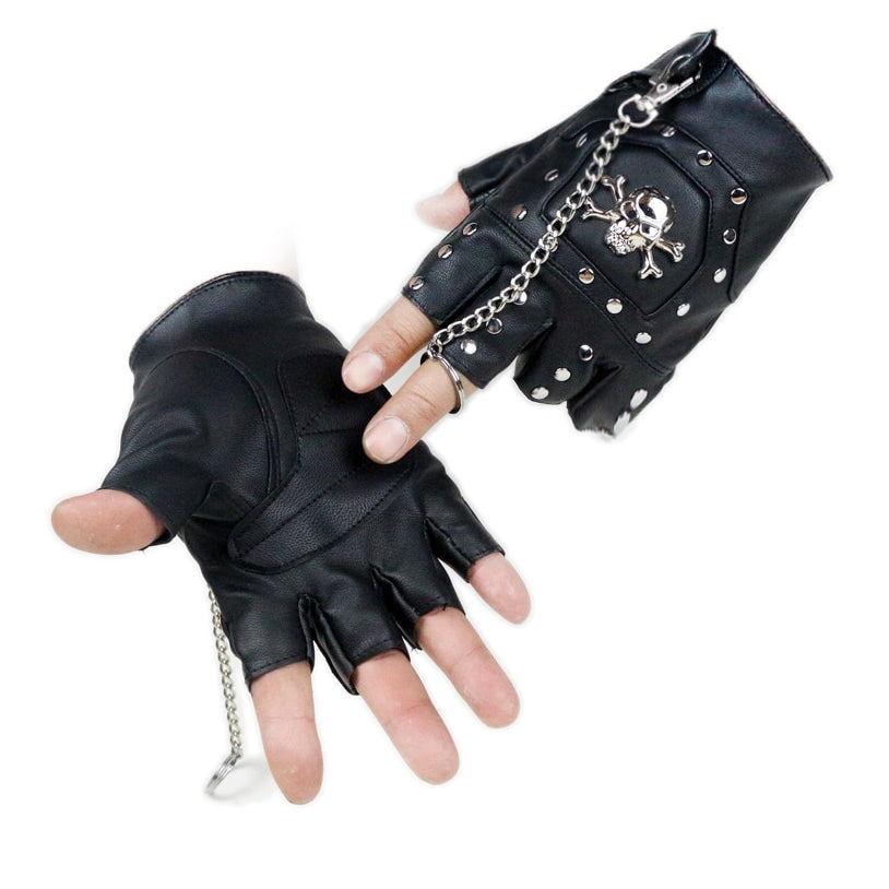 Faux Leather Half-finger Gloves With Metal Skull Head & Rivets / Rock Style Gloves for Punk & goth