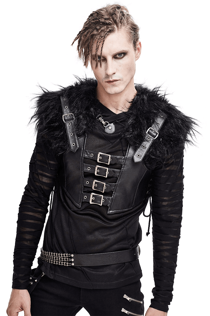 Faux Leather Waistcoat with Fur on Shoulders / Lace-up Sides Waistcoat with Belt & Buckle