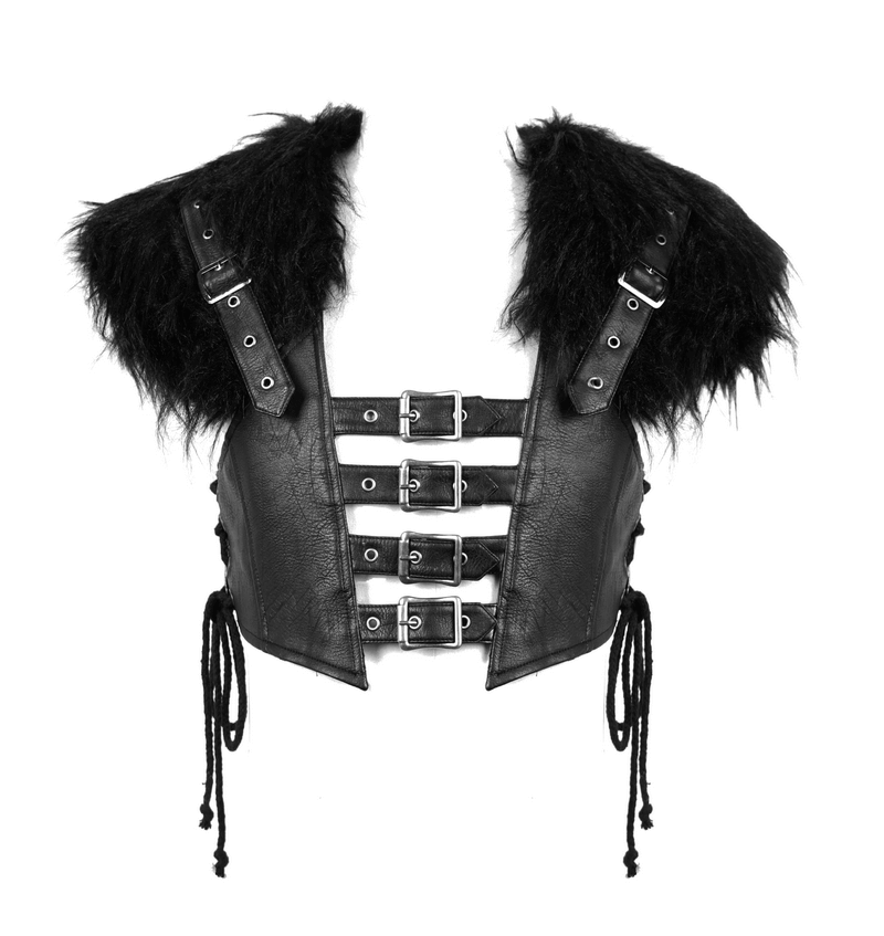 Faux Leather Waistcoat with Fur on Shoulders / Lace-up Sides Waistcoat with Belt & Buckle