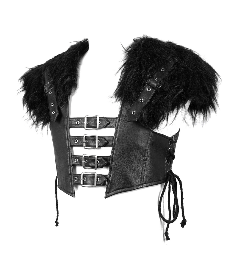 Faux Leather Waistcoat with Fur on Shoulders / Lace-up Sides Waistcoat with Belt & Buckle